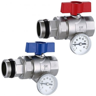 Shut-off valves SET with thermometers - DN25 1" (2 pcs.) for heat exchangers