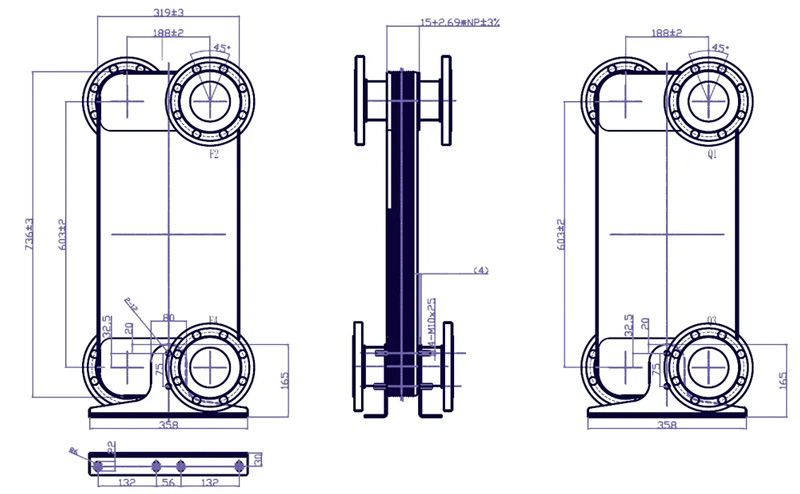 Dimensional drawing of the flanged heat exchanger Nordic Tec Fa-210-120 with DN80 flanges