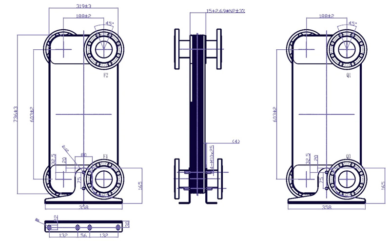 Dimensions of the flanged heat exchanger Nordic Tec Fa-210-108 with DN65 flanges – front, side and rear view
