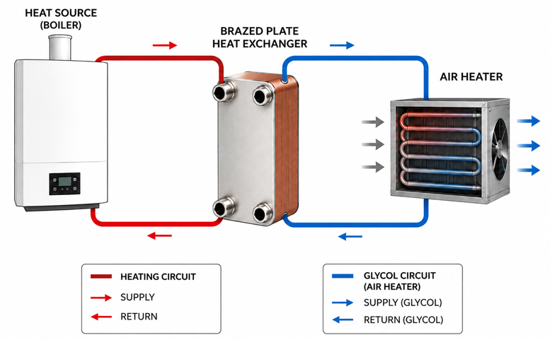 Simplified diagram of a plate heat exchanger installation with an air heater